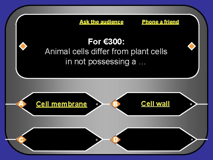 Ask the audience Phone a friend For € 300: Animal cells differ from plant