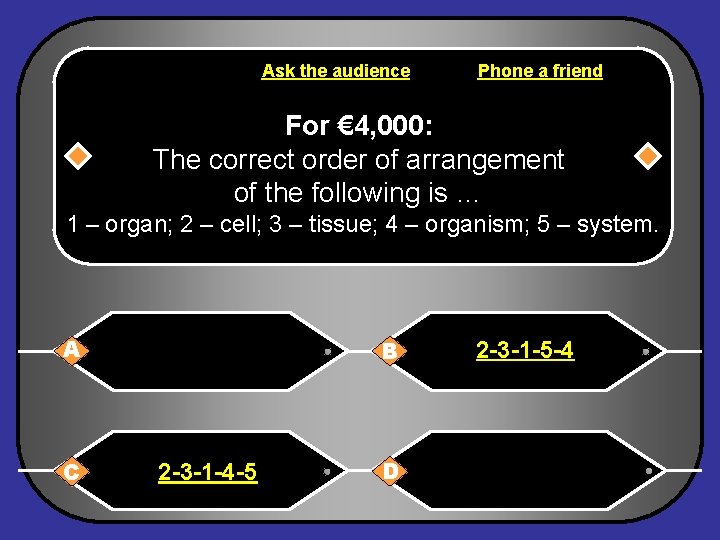 Ask the audience Phone a friend For € 4, 000: The correct order of