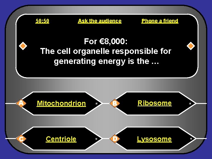 50: 50 Ask the audience Phone a friend For € 8, 000: The cell