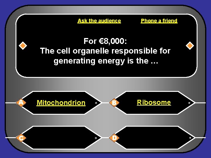 Ask the audience Phone a friend For € 8, 000: The cell organelle responsible