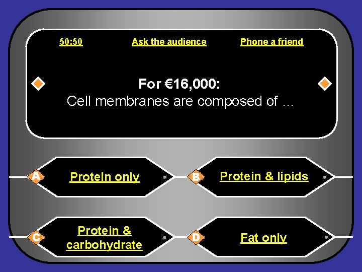 50: 50 Ask the audience Phone a friend For € 16, 000: Cell membranes