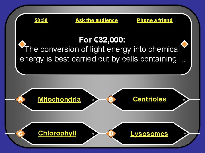 50: 50 Ask the audience Phone a friend For € 32, 000: The conversion