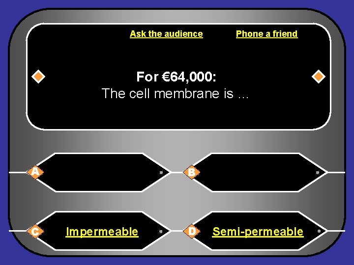 Ask the audience Phone a friend For € 64, 000: The cell membrane is