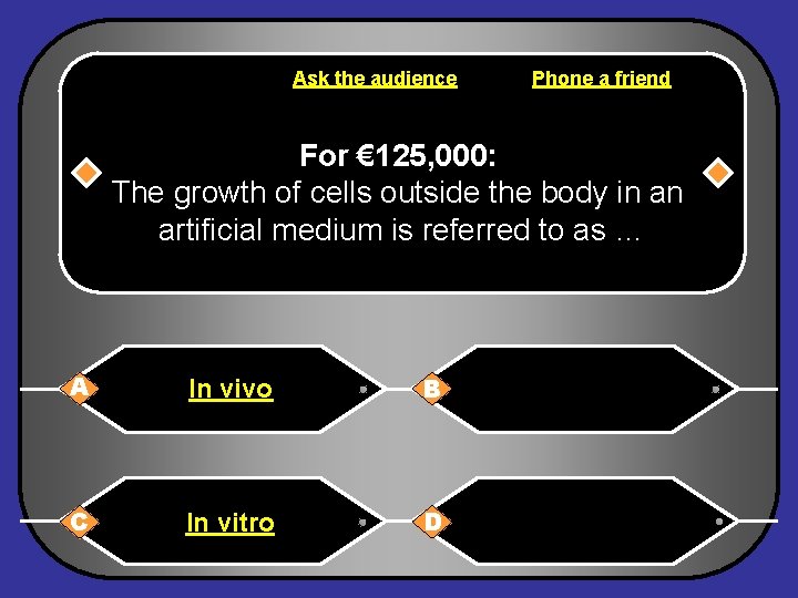 Ask the audience Phone a friend For € 125, 000: The growth of cells