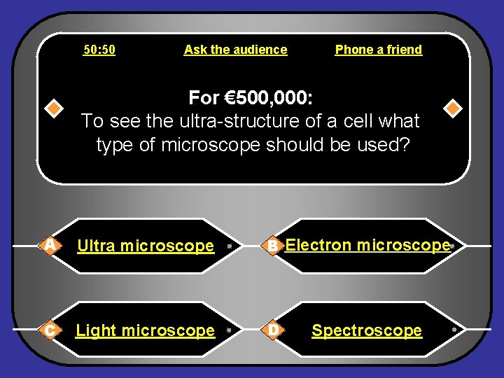 50: 50 Ask the audience Phone a friend For € 500, 000: To see