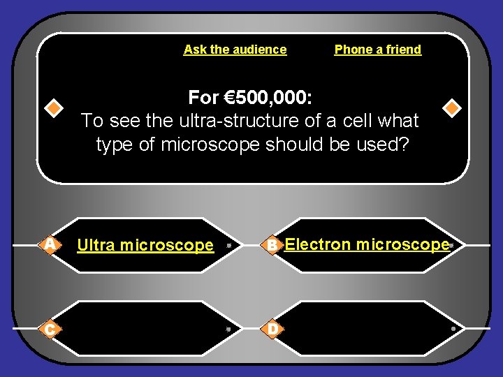 Ask the audience Phone a friend For € 500, 000: To see the ultra-structure