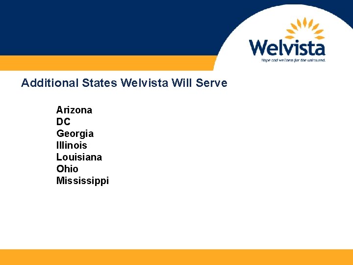 Additional States Welvista Will Serve Arizona DC Georgia Illinois Louisiana Ohio Mississippi 