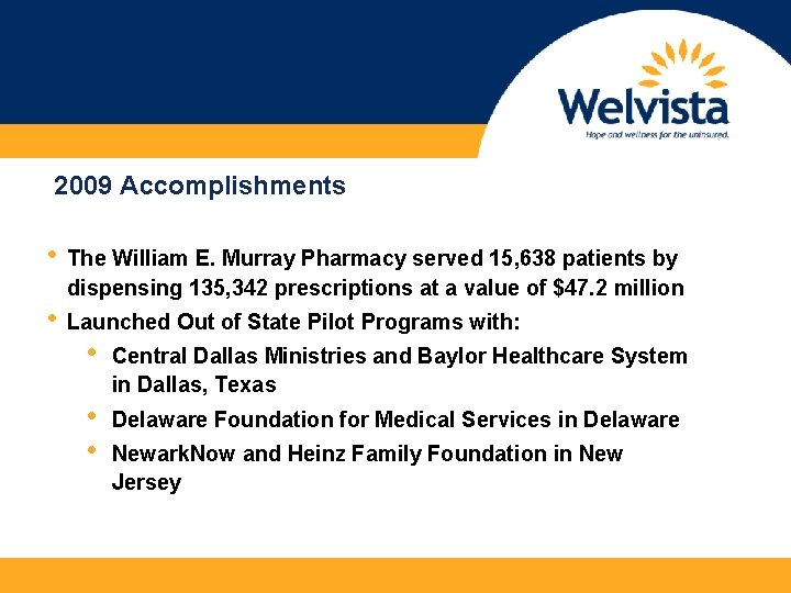 2009 Accomplishments • The William E. Murray Pharmacy served 15, 638 patients by dispensing