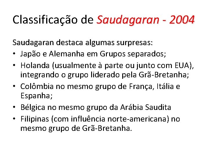 Classificação de Saudagaran - 2004 Saudagaran destaca algumas surpresas: • Japão e Alemanha em