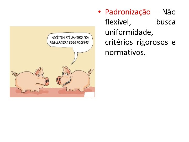  • Padronização – Não flexível, busca uniformidade, critérios rigorosos e normativos. 