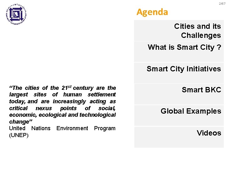 2/67 Agenda Cities and its Challenges What is Smart City ? Smart City Initiatives