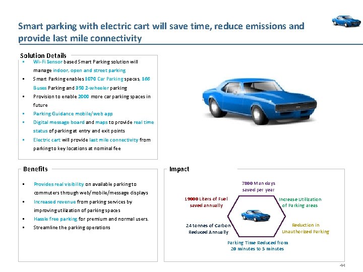 Smart parking with electric cart will save time, reduce emissions and provide last mile