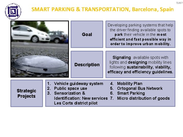 72/67 SMART PARKING & TRANSPORTATION, Barcelona, Spain Strategic Projects Goal Developing parking systems that