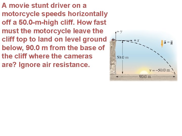 A movie stunt driver on a motorcycle speeds horizontally off a 50. 0 -m-high