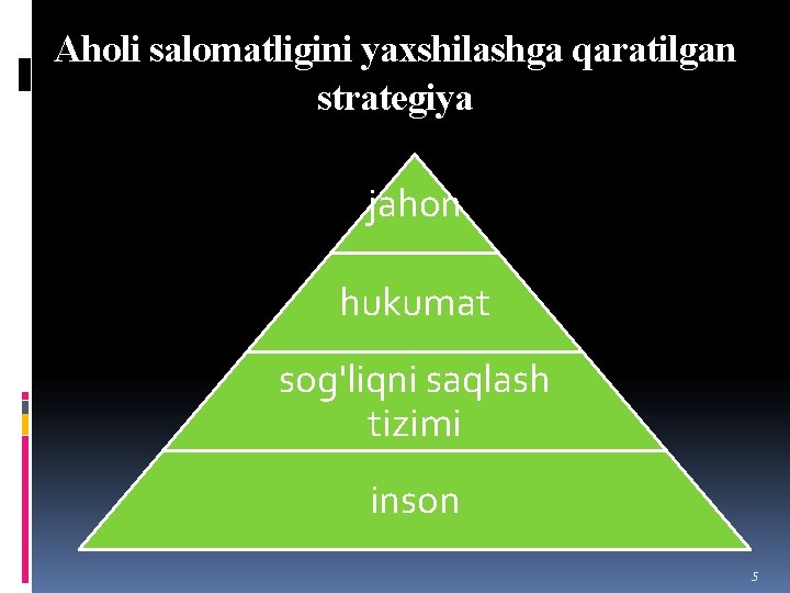 Aholi salomatligini yaxshilashga qaratilgan strategiya jahon hukumat sog'liqni saqlash tizimi inson 5 