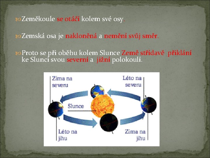  Zeměkoule se otáčí kolem své osy. Zemská osa je nakloněná a nemění svůj