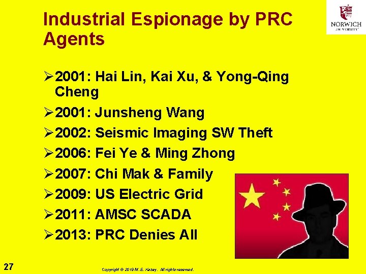 Industrial Espionage by PRC Agents Ø 2001: Hai Lin, Kai Xu, & Yong-Qing Cheng