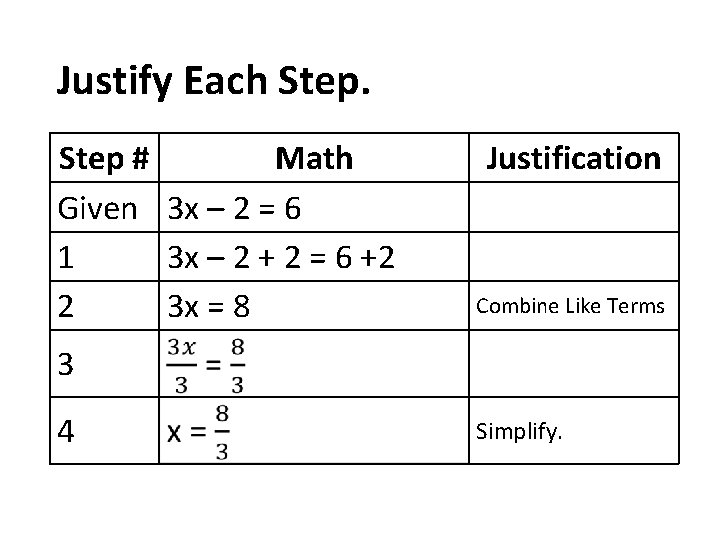 Justify Each Step # Math Given 3 x – 2 = 6 1 3