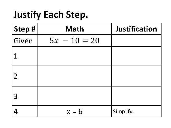 Justify Each Step # Given Math Justification 1 2 3 4 x = 6