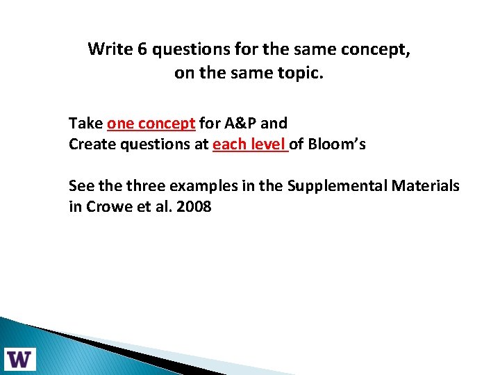 Write 6 questions for the same concept, on the same topic. Take one concept
