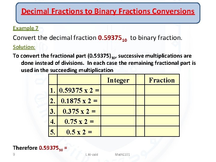 Decimal Fractions to Binary Fractions Conversions Example 7 Convert the decimal fraction 0. 5937510