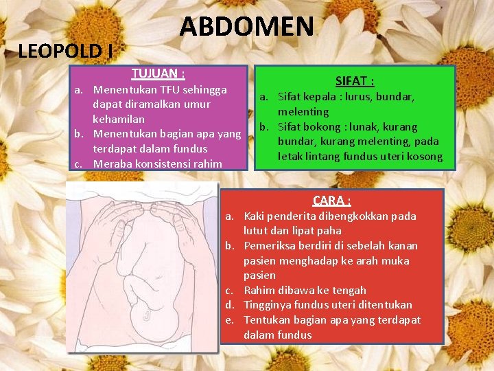 LEOPOLD I ABDOMEN TUJUAN : a. Menentukan TFU sehingga dapat diramalkan umur kehamilan b.