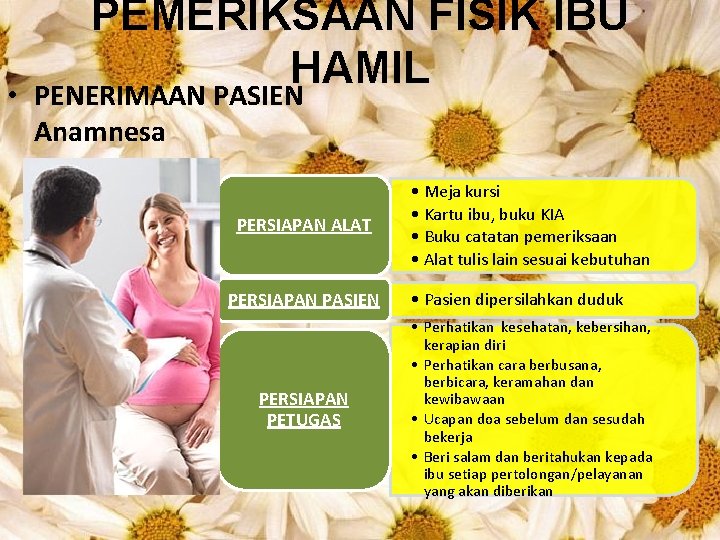 PEMERIKSAAN FISIK IBU HAMIL • PENERIMAAN PASIEN Anamnesa PERSIAPAN ALAT PERSIAPAN PASIEN PERSIAPAN PETUGAS