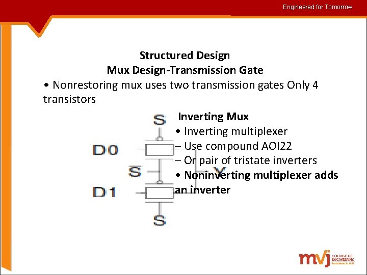 Engineered for for. Tomorrow Structured Design Mux Design-Transmission Gate • Nonrestoring mux uses two