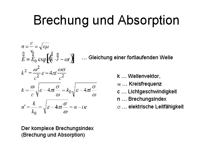 Brechung und Absorption … Gleichung einer fortlaufenden Welle k … Wellenvektor, … Kreisfrequenz c