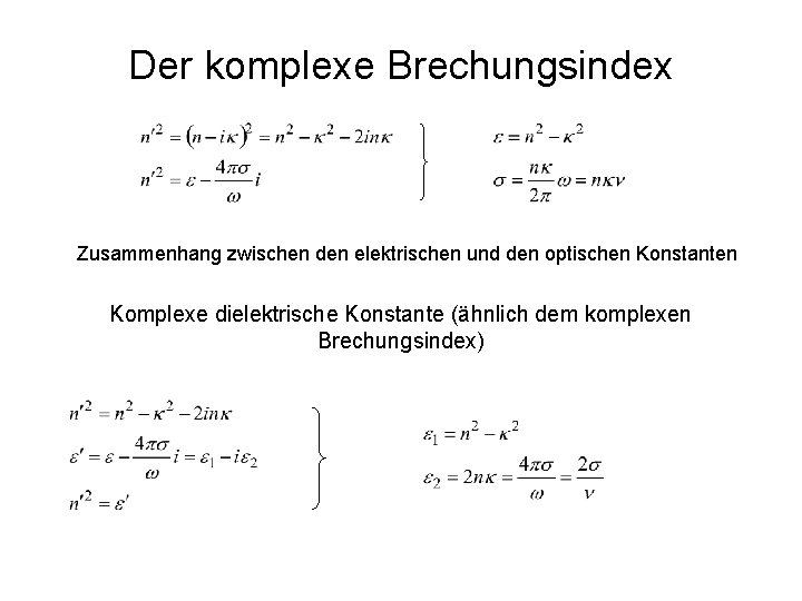 Der komplexe Brechungsindex Zusammenhang zwischen den elektrischen und den optischen Konstanten Komplexe dielektrische Konstante