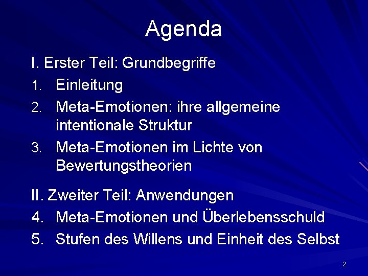 Agenda I. Erster Teil: Grundbegriffe 1. Einleitung 2. Meta-Emotionen: ihre allgemeine intentionale Struktur 3.