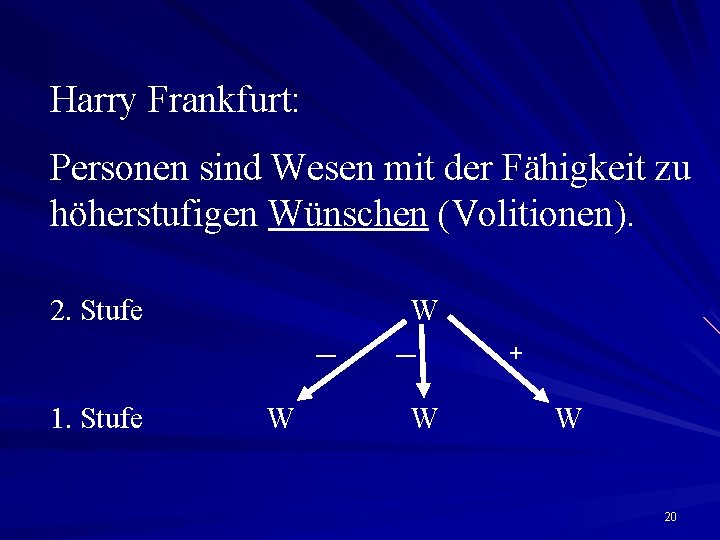 Harry Frankfurt: Personen sind Wesen mit der Fähigkeit zu höherstufigen Wünschen (Volitionen). 2. Stufe