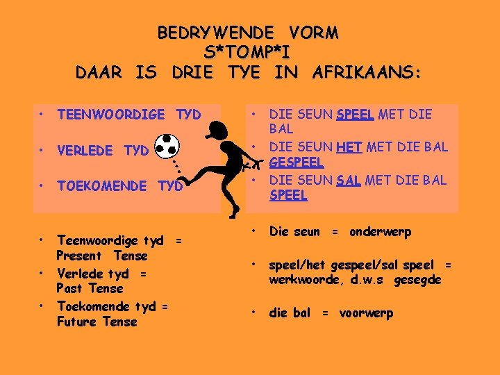 BEDRYWENDE VORM S*TOMP*I DAAR IS DRIE TYE IN AFRIKAANS: • TEENWOORDIGE TYD • •