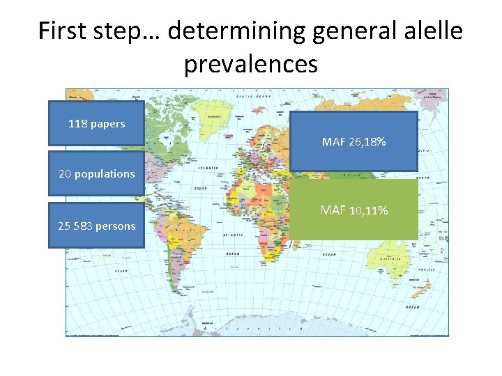 First step… determining general alelle prevalences 118 papers MAF 26, 18% 20 populations 25