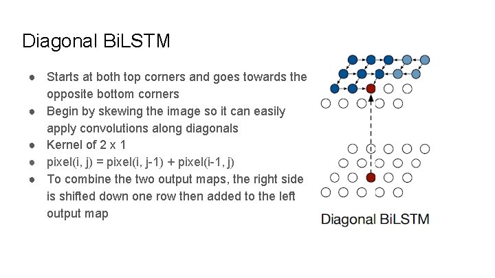 Diagonal Bi. LSTM ● Starts at both top corners and goes towards the opposite