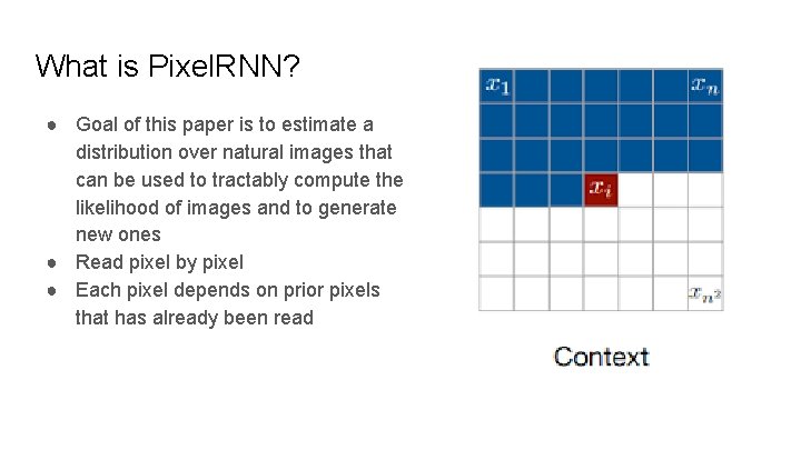 What is Pixel. RNN? ● Goal of this paper is to estimate a distribution