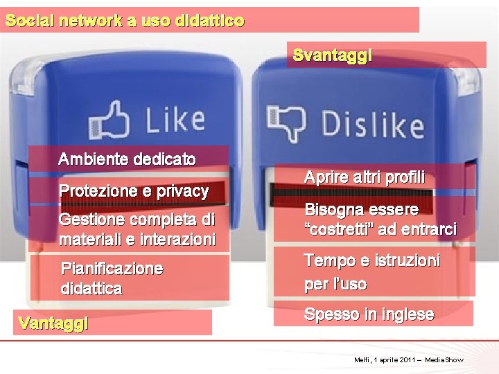 Social network a uso didattico Svantaggi Ambiente dedicato Protezione e privacy Gestione completa di