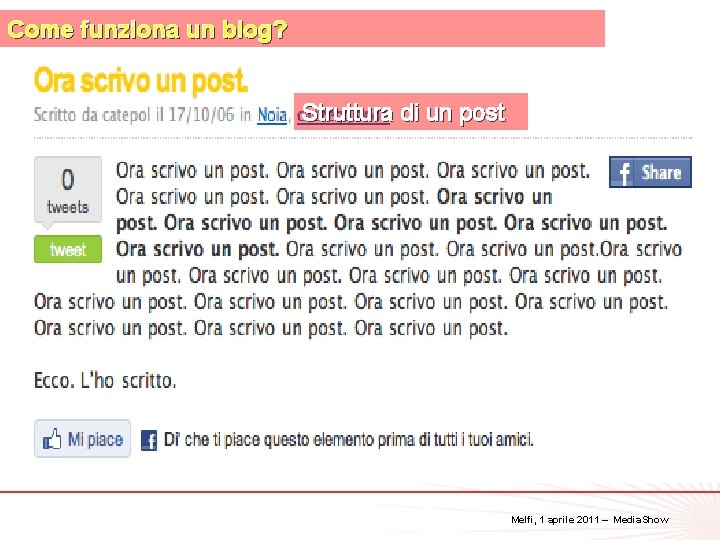 Come funziona un blog? Struttura di un post 26 Melfi, 1 aprile 2011 –