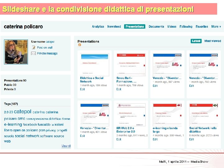 Slideshare e la condivisione didattica di presentazioni 33 Melfi, 1 aprile 2011 – Media.