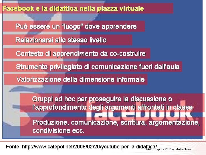 Facebook e la didattica nella piazza virtuale Può essere un “luogo” dove apprendere Relazionarsi