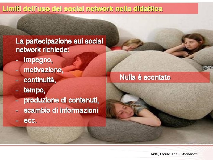 Limiti dell’uso dei social network nella didattica La partecipazione sui social network richiede: -