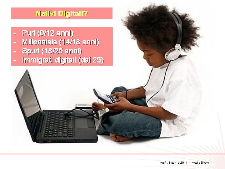 Nativi Digitali? - Puri (0/12 anni) Millennials (14/18 anni) Spuri (18/25 anni) Immigrati digitali