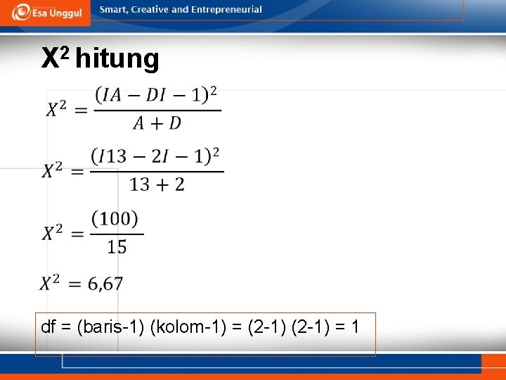 X 2 hitung df = (baris-1) (kolom-1) = (2 -1) = 1 
