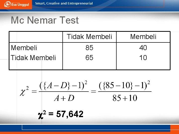 Mc Nemar Test Tidak Membeli 85 65 40 10 Membeli Tidak Membeli c 2