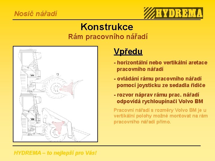 Nosič nářadí Konstrukce Rám pracovního nářadí Vpředu - horizontální nebo vertikální aretace pracovního nářadí