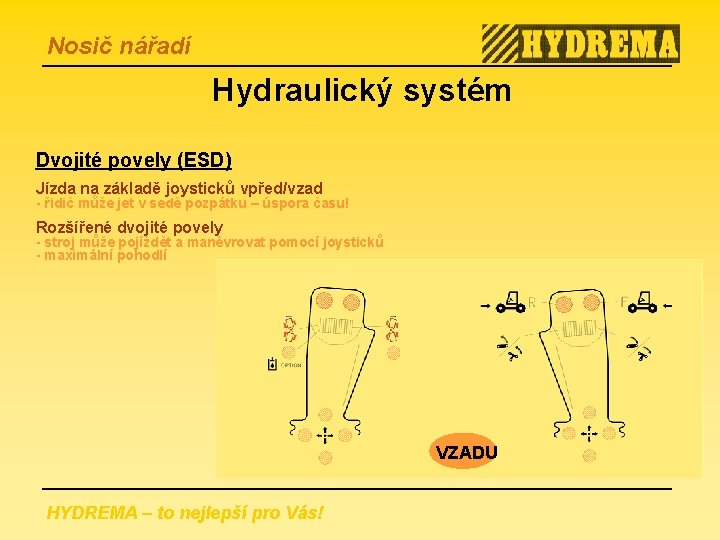 Nosič nářadí Hydraulický systém Dvojité povely (ESD) Jízda na základě joysticků vpřed/vzad - řidič
