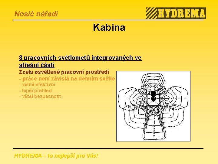 Nosič nářadí Kabina 8 pracovních světlometů integrovaných ve střešní části Zcela osvětlené pracovní prostředí