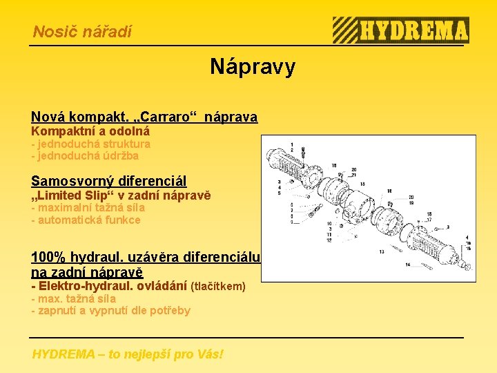 Nosič nářadí Nápravy Nová kompakt. „Carraro“ náprava Kompaktní a odolná - jednoduchá struktura -