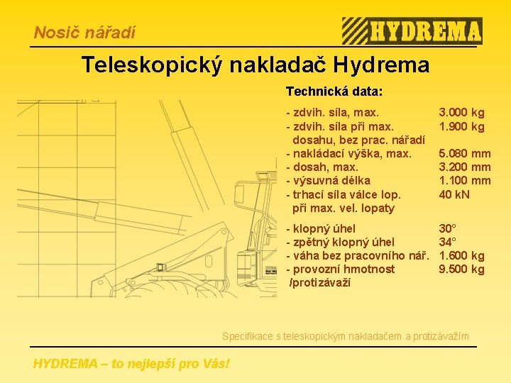 Nosič nářadí Teleskopický nakladač Hydrema Technická data: - zdvih. síla, max. - zdvih. síla