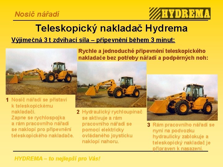 Nosič nářadí Teleskopický nakladač Hydrema Výjimečná 3 t zdvihací síla – připevnění během 3